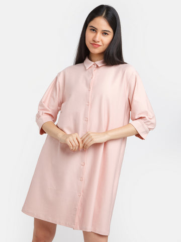 Pink Solid Shirt Dress For Women