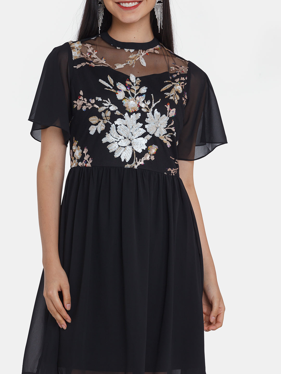 Black Embellished Flared Sleeve Short Dress For Women