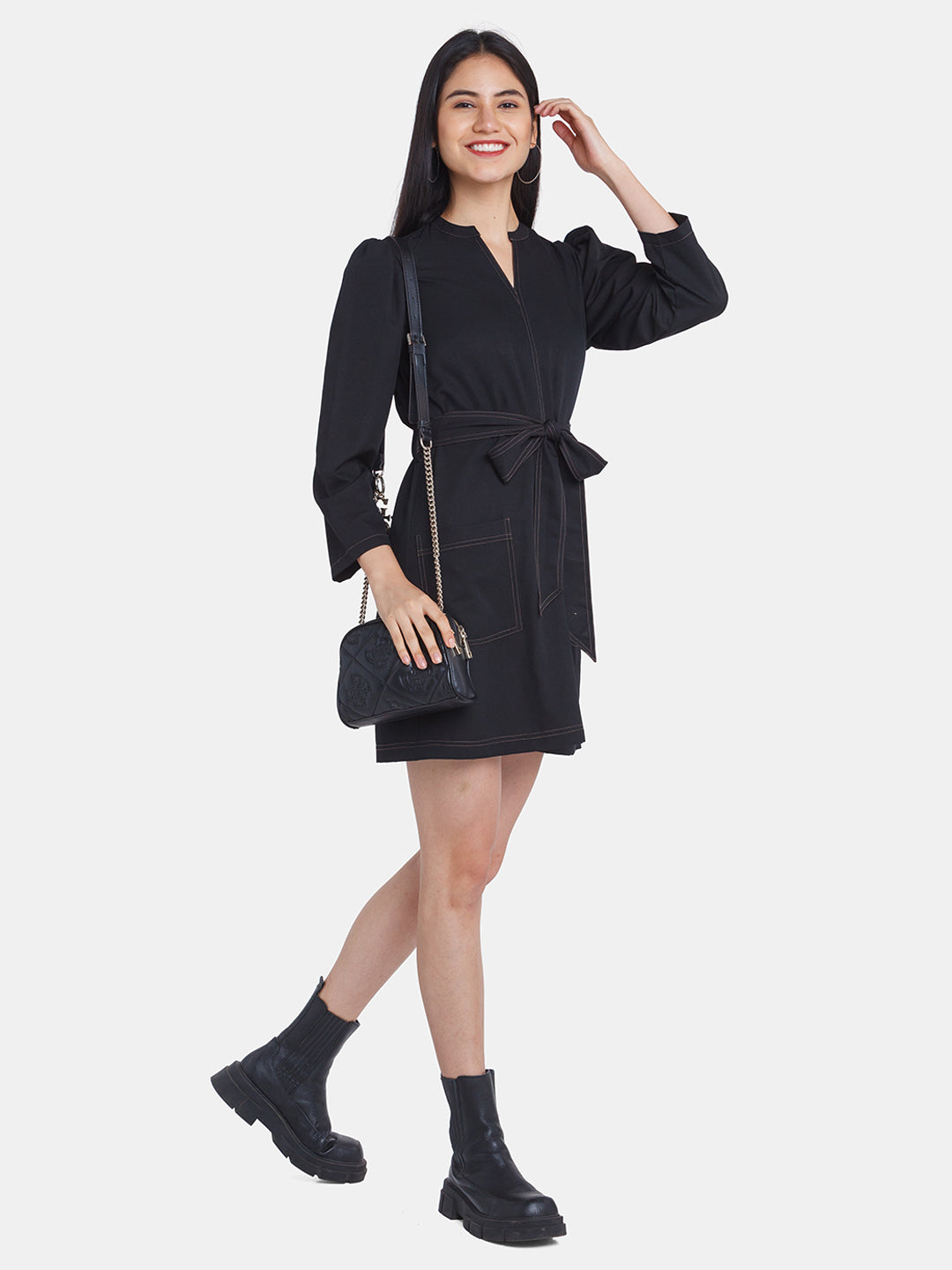 Black Solid Puff Sleeve Short Dress