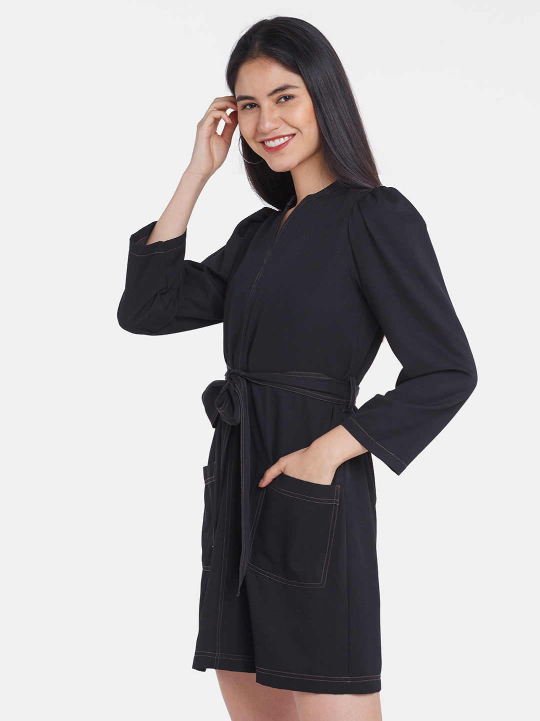 Black Solid Puff Sleeve Short Dress For Women
