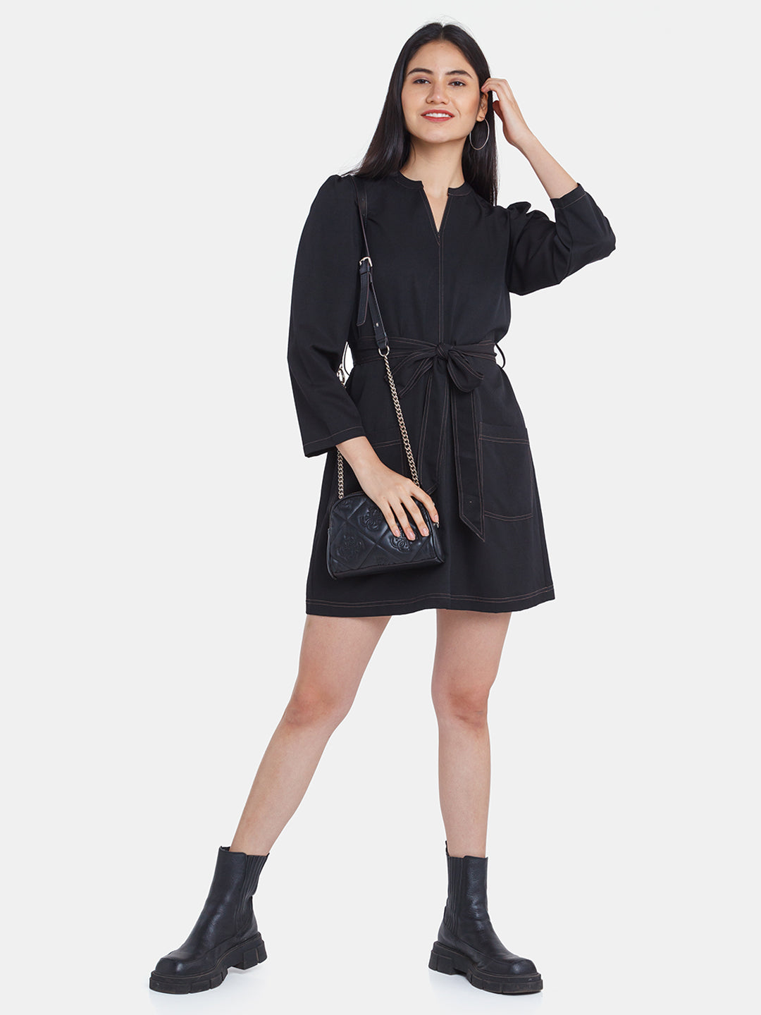 Black Solid Puff Sleeve Short Dress