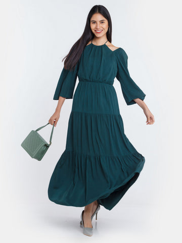 Green Solid Cut Out Maxi Dress For Women