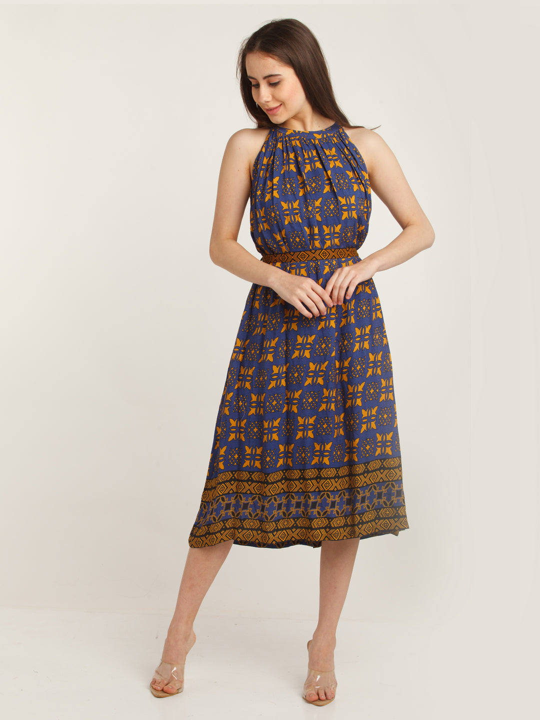 Blue Printed Midi Dress For Women