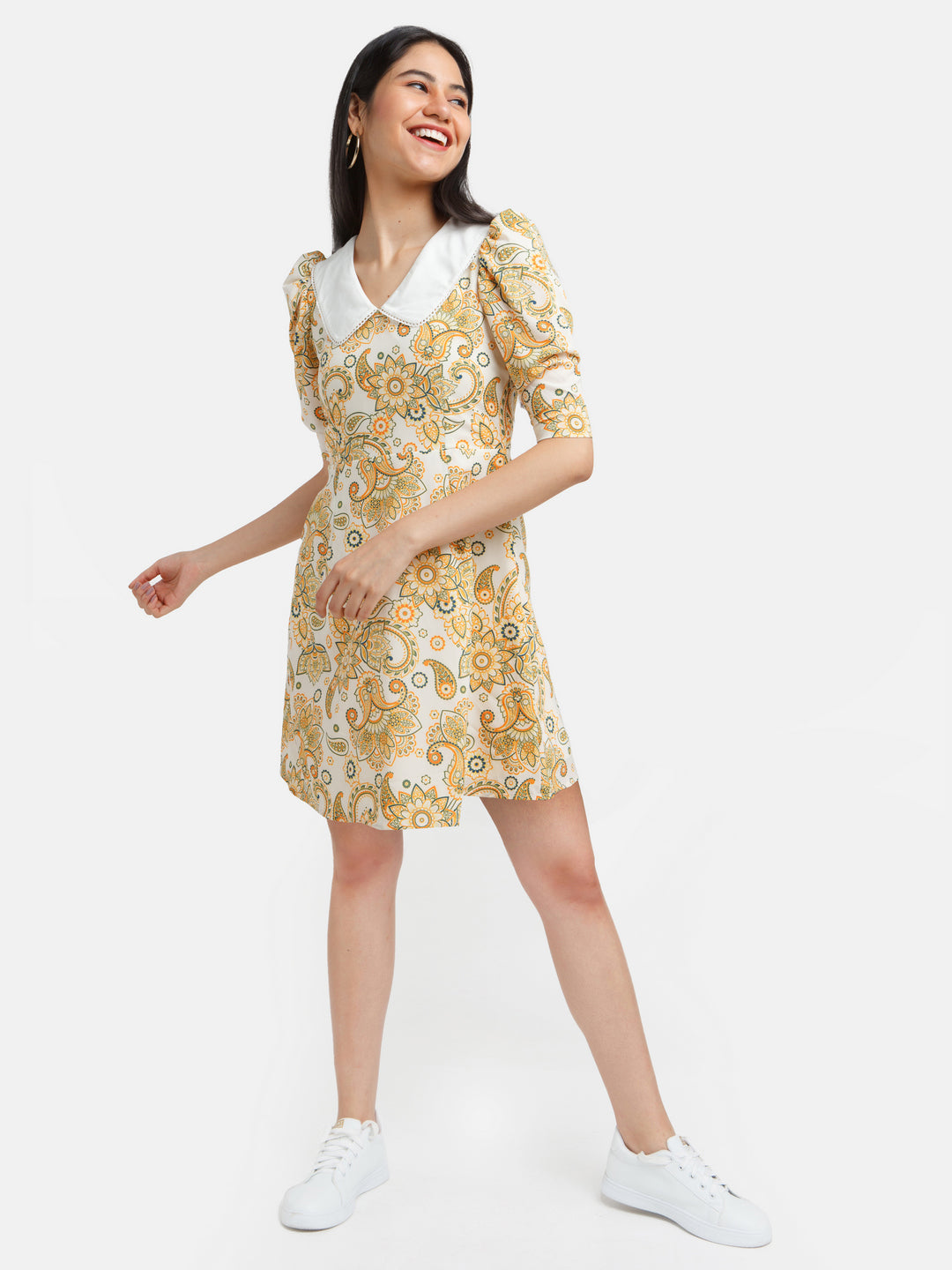 Multicolored Printed Puff Sleeve Short Dress