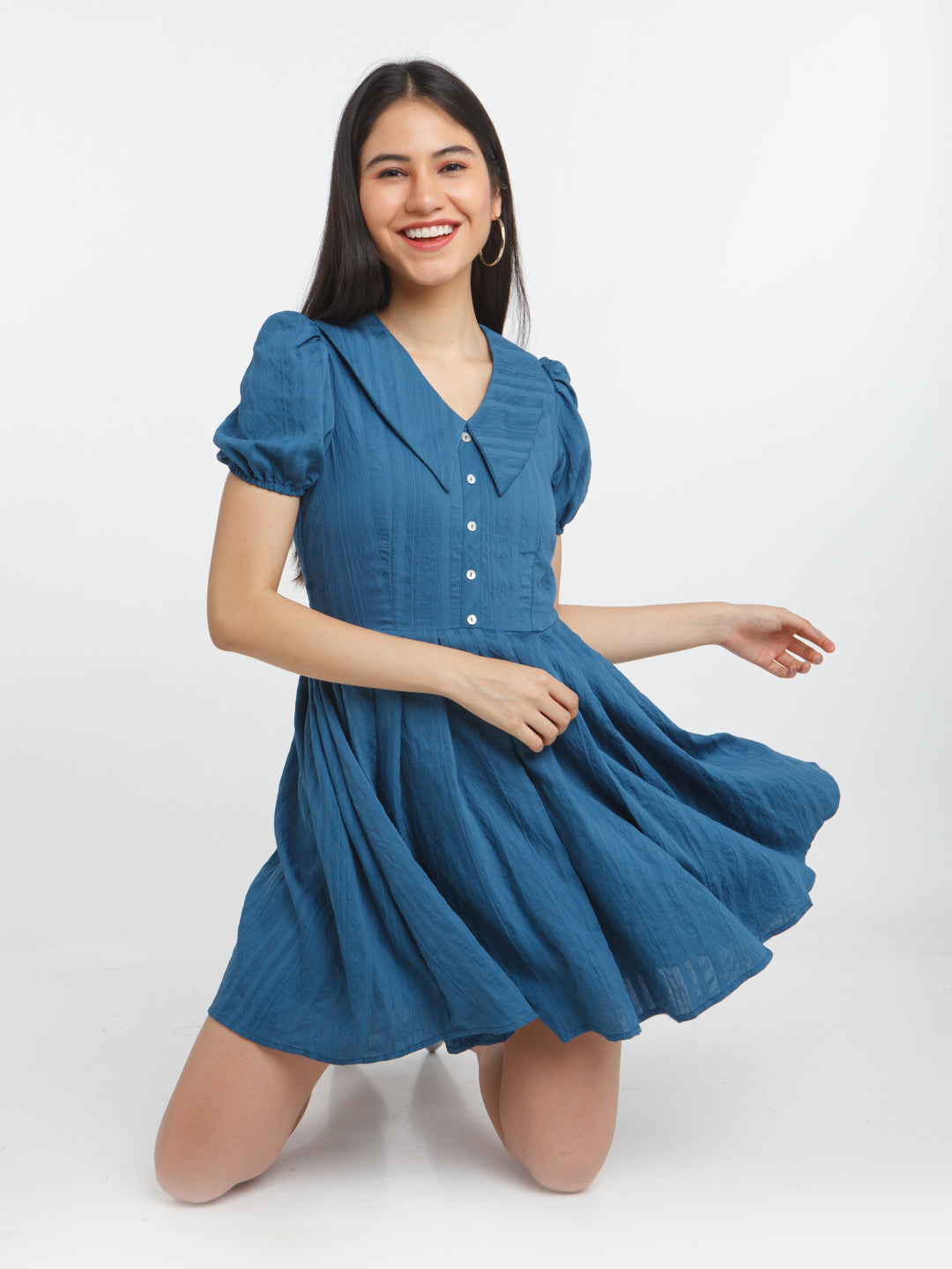 Blue Solid Pleated Short Dress