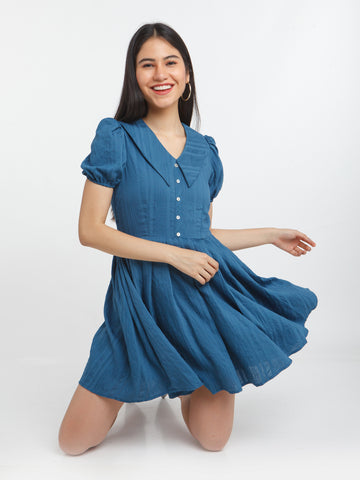 Blue Solid Pleated Short Dress For Women