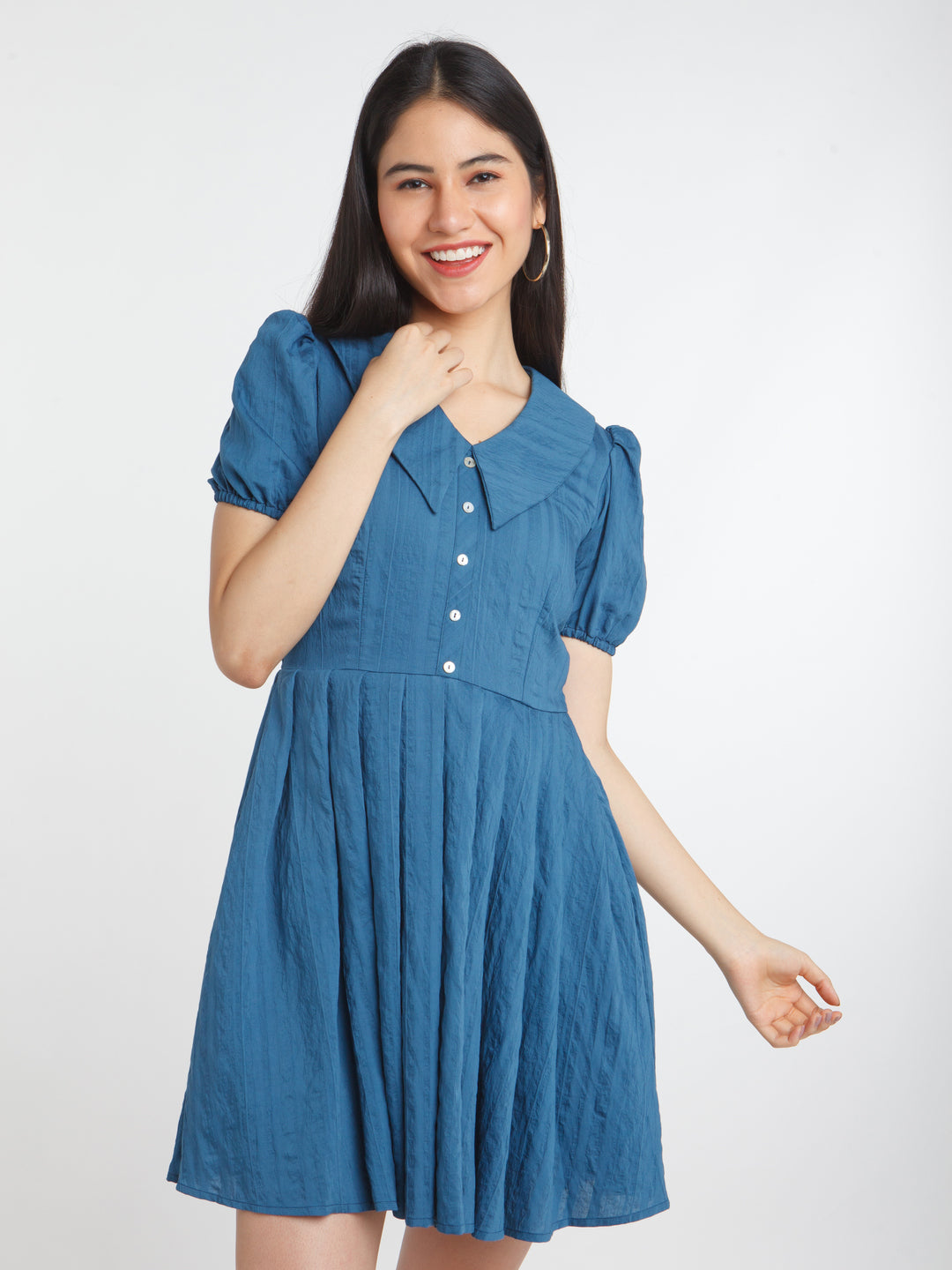 Blue Solid Pleated Short Dress