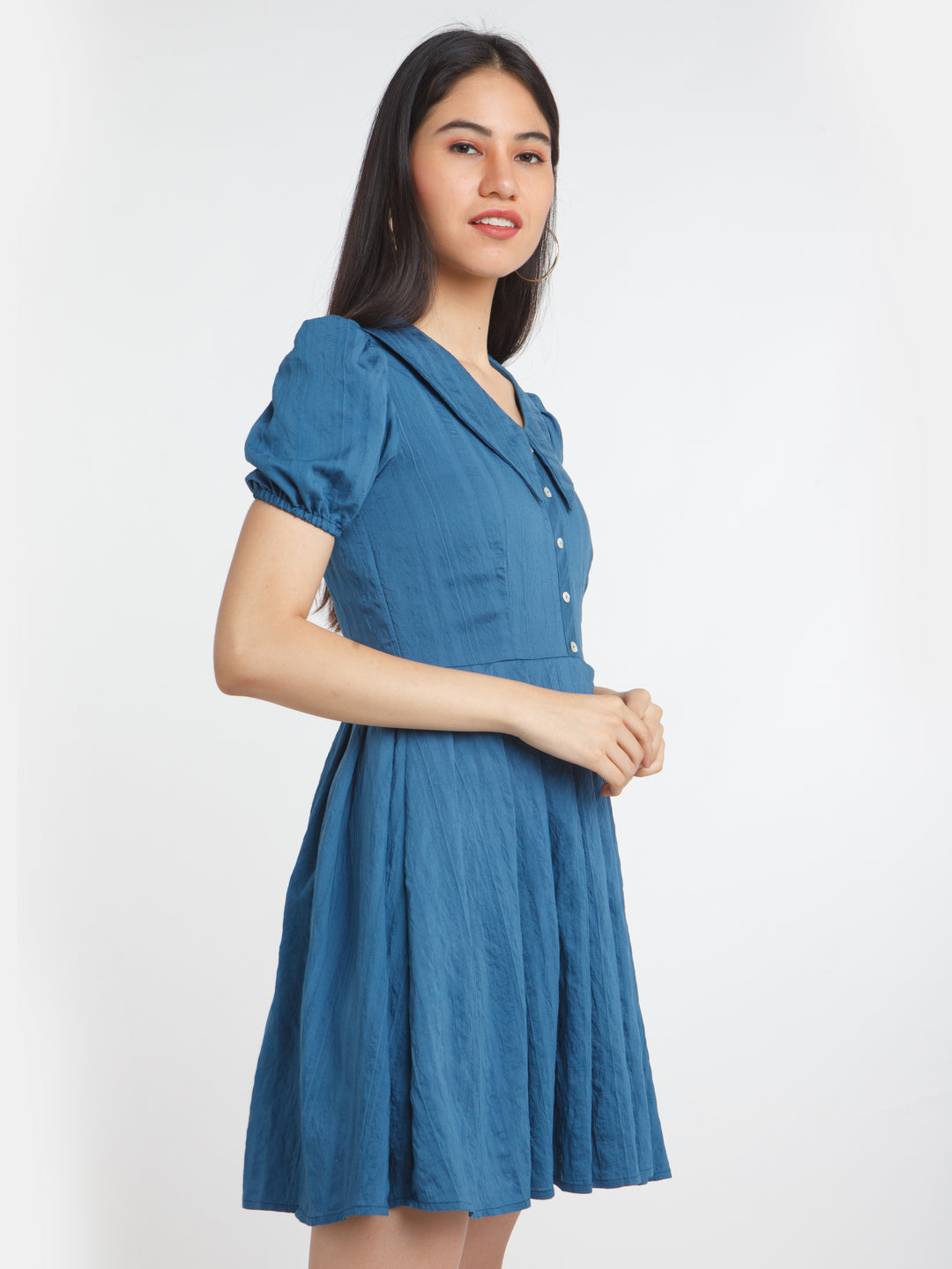 Blue Solid Pleated Short Dress