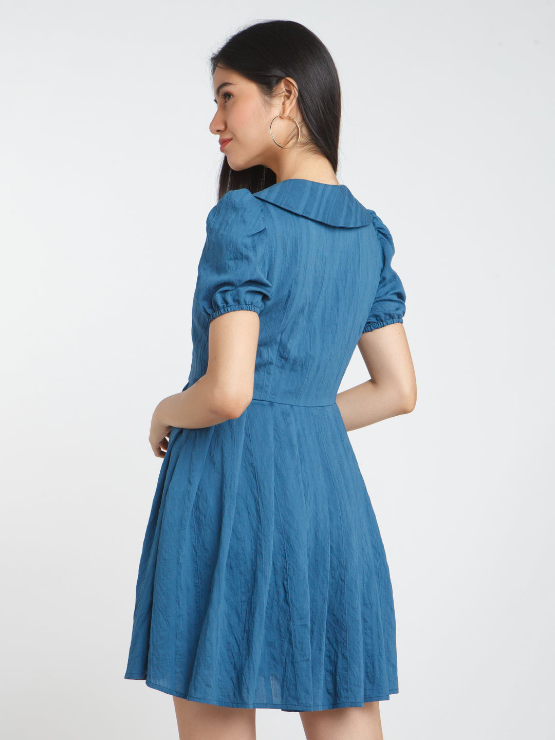 Blue Solid Pleated Short Dress