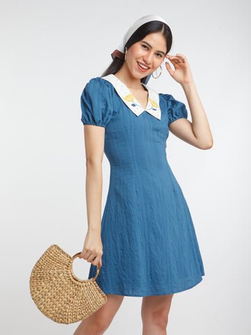 Blue Solid Fitted Short Dress For Women
