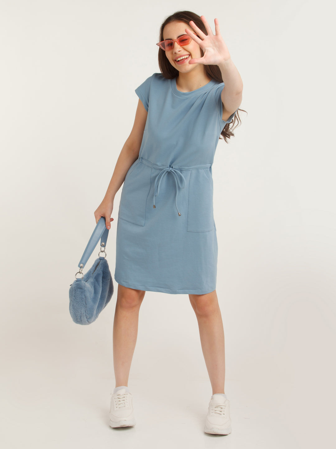 Blue Solid Tie-Up Short Dress