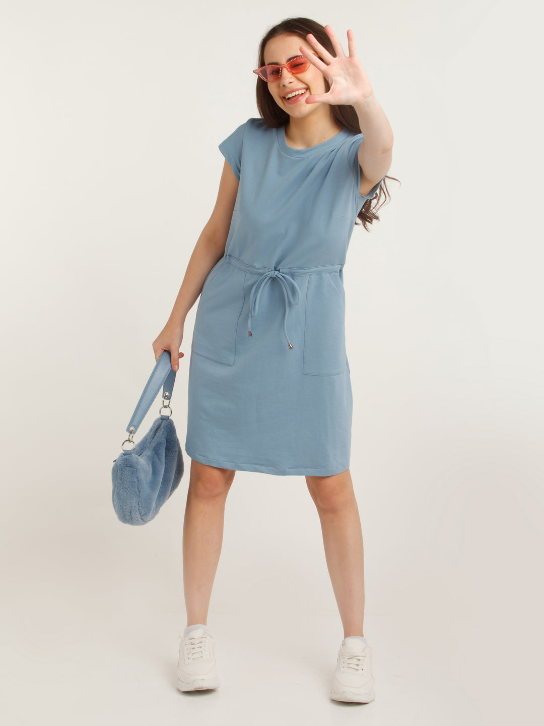 Blue Solid Tie-Up Short Dress For Women