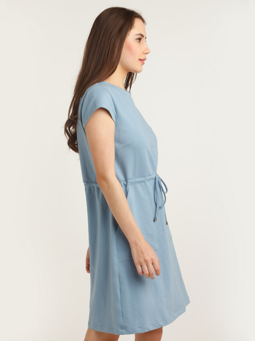 Blue Solid Tie-Up Short Dress