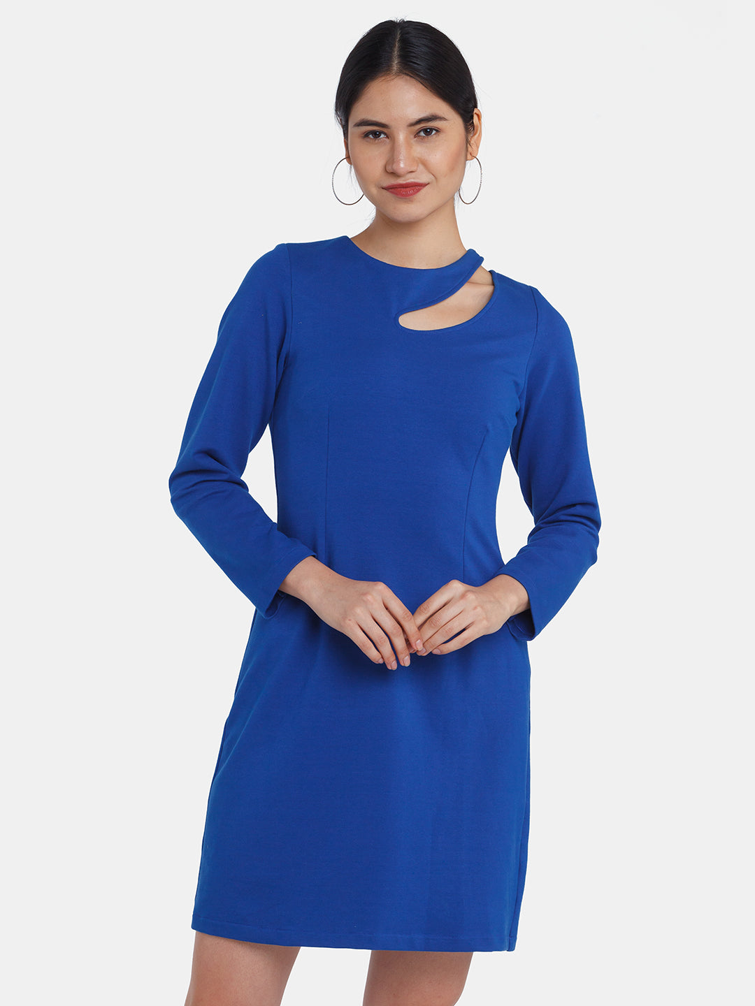 Blue Solid Cut Out Short Dress For Women