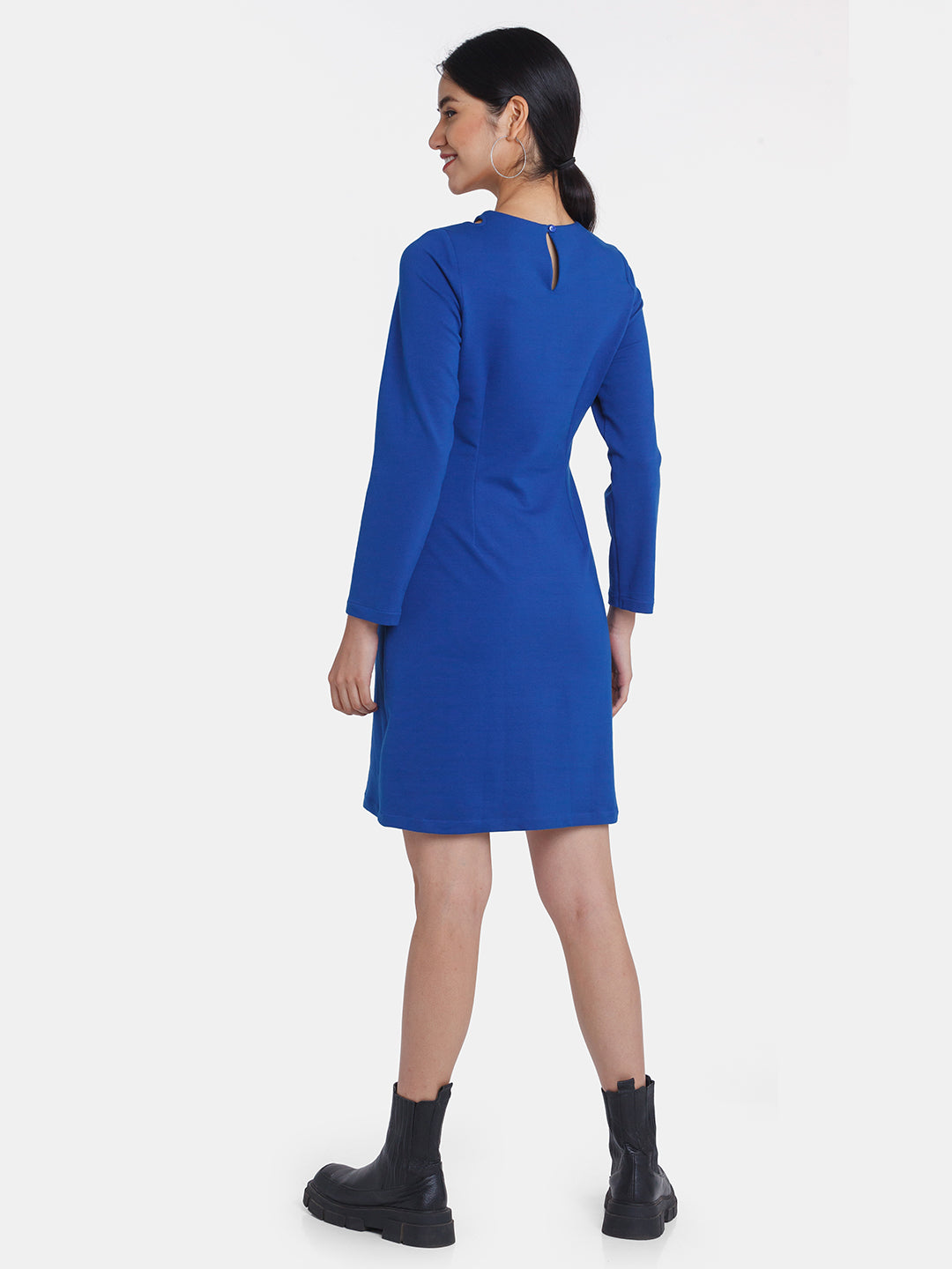 Blue Solid Cut Out Short Dress For Women