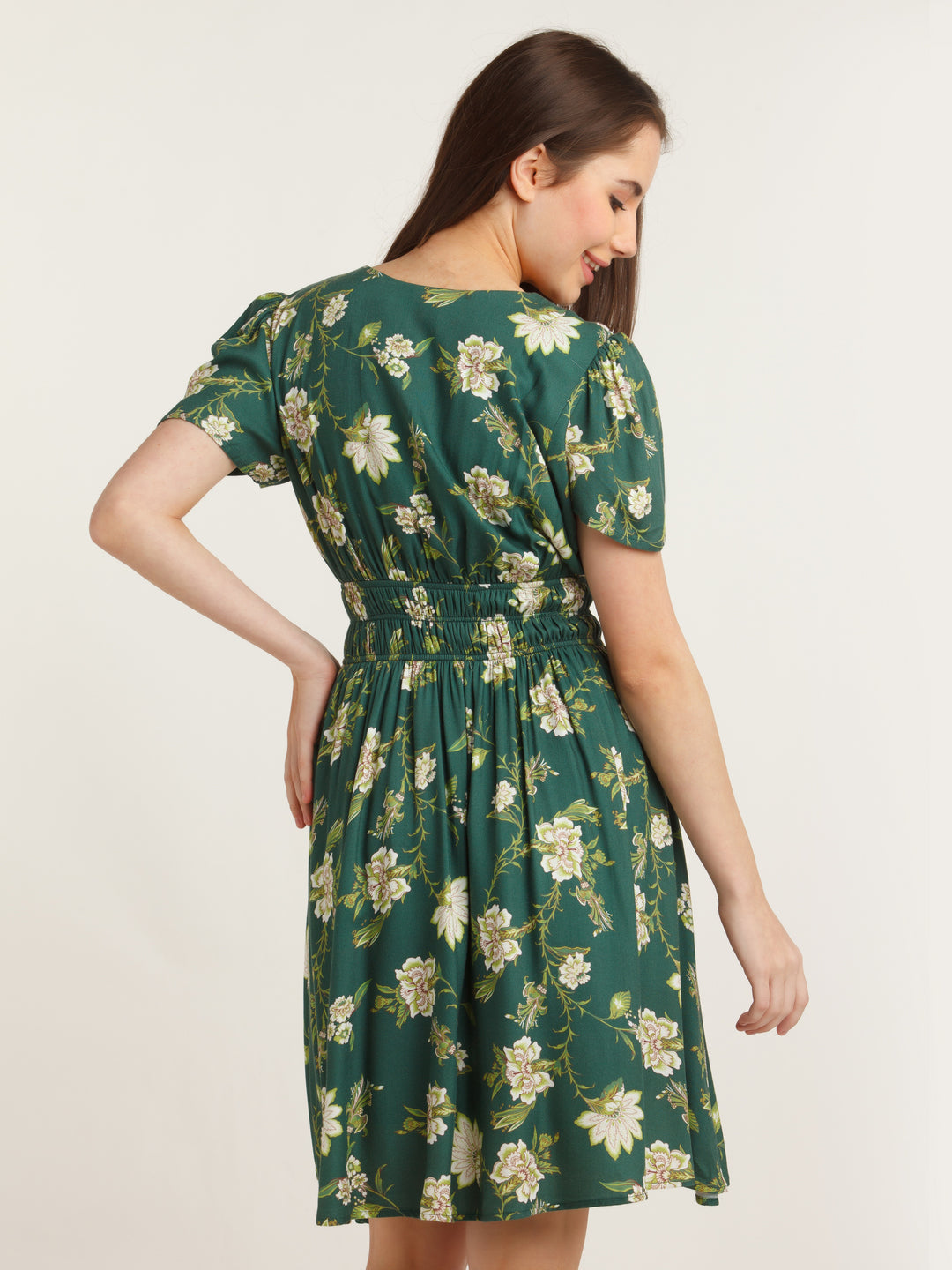 Green Printed Short Dress For Women