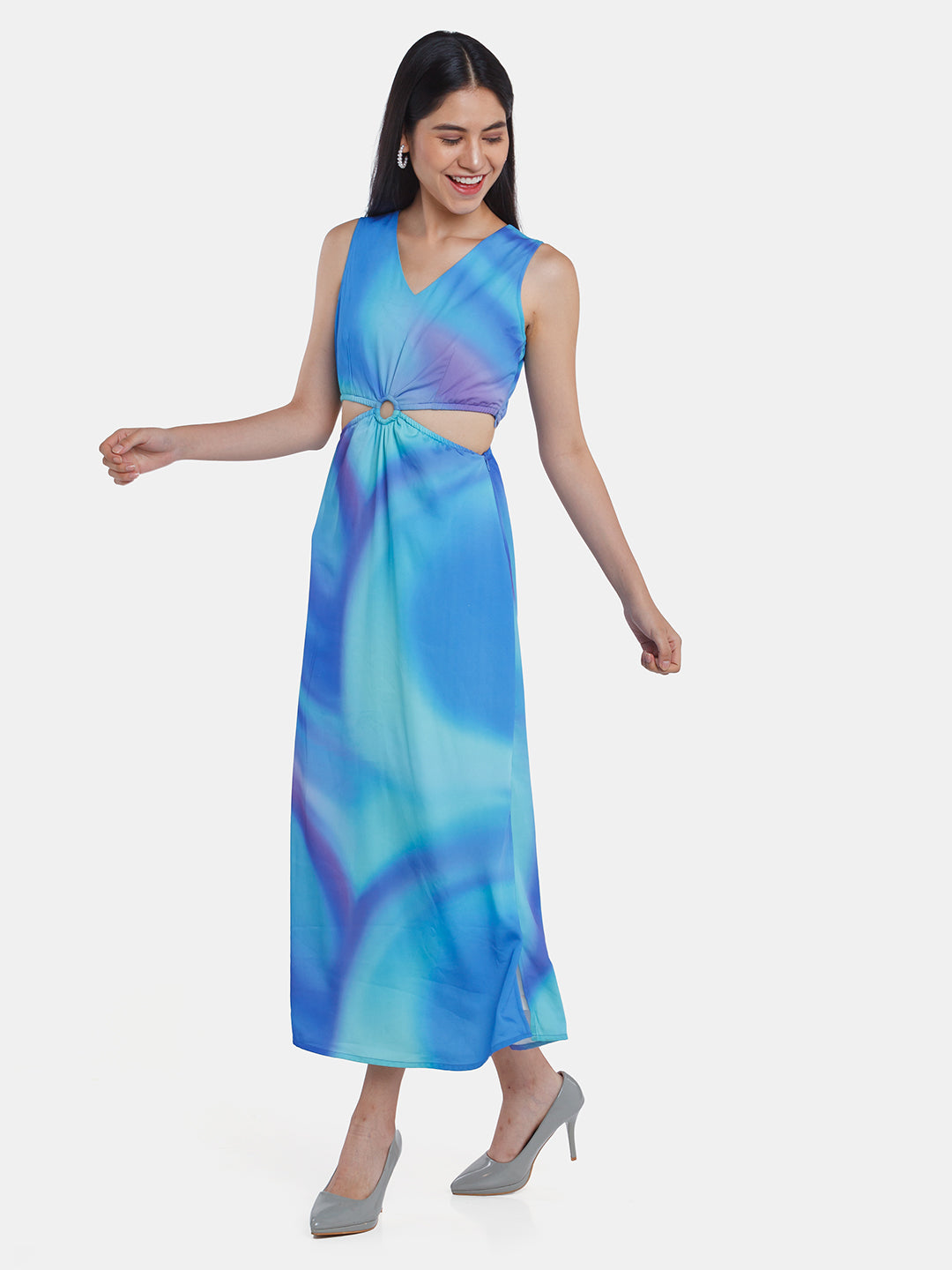 Multicolored Printed Cut Out Maxi Dress For Women