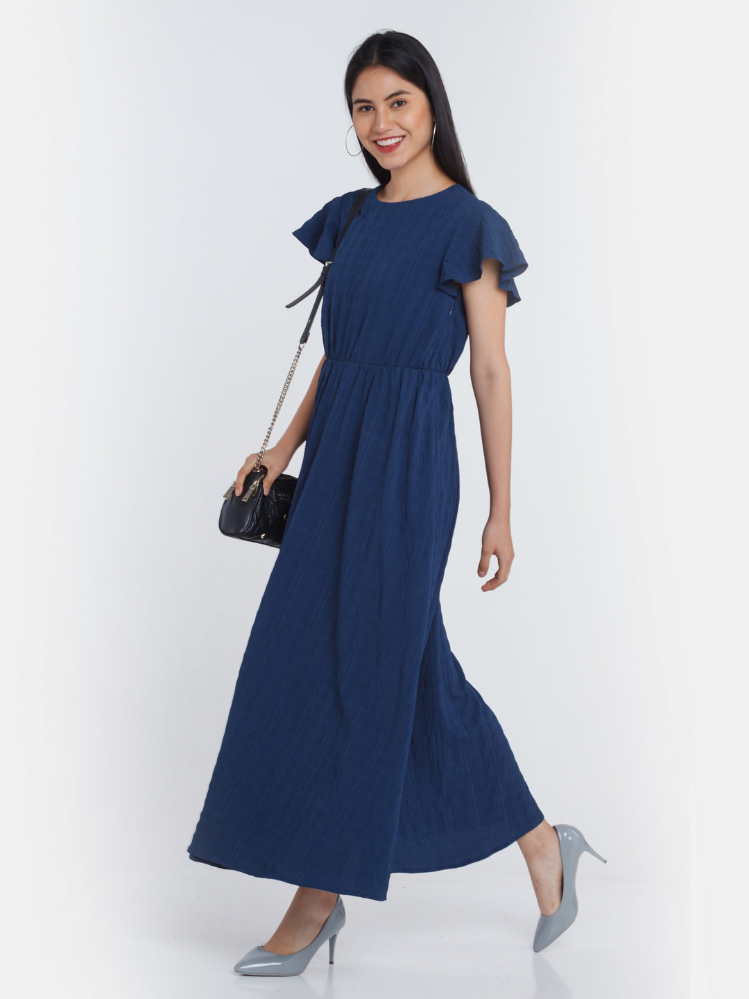 Blue Checks Flared Sleeve Maxi Dress For Women