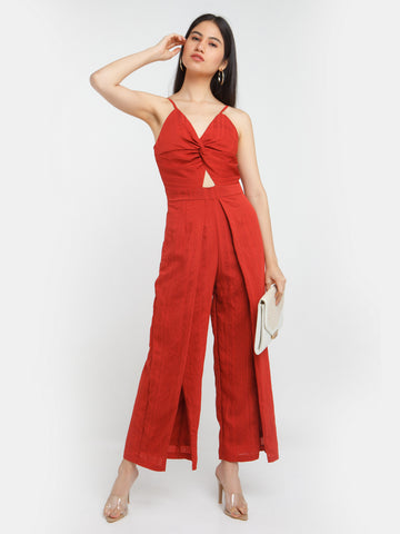 Red Solid Cut Out Jumpsuit For Women