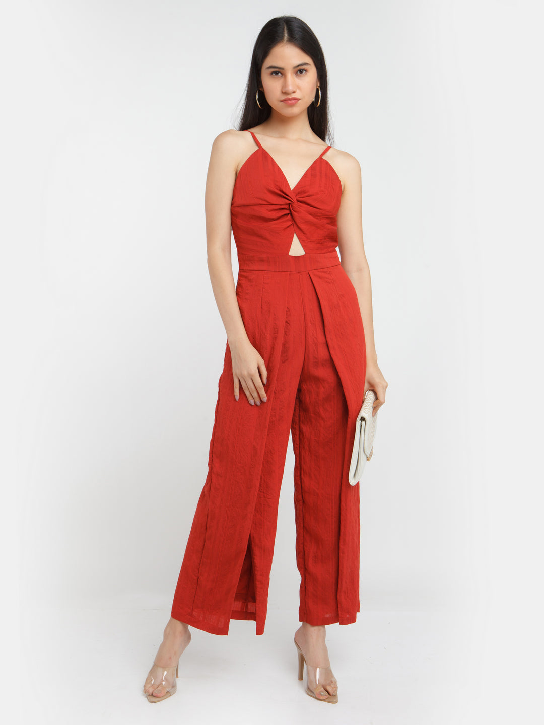Red Solid Cut Out Jumpsuit For Women