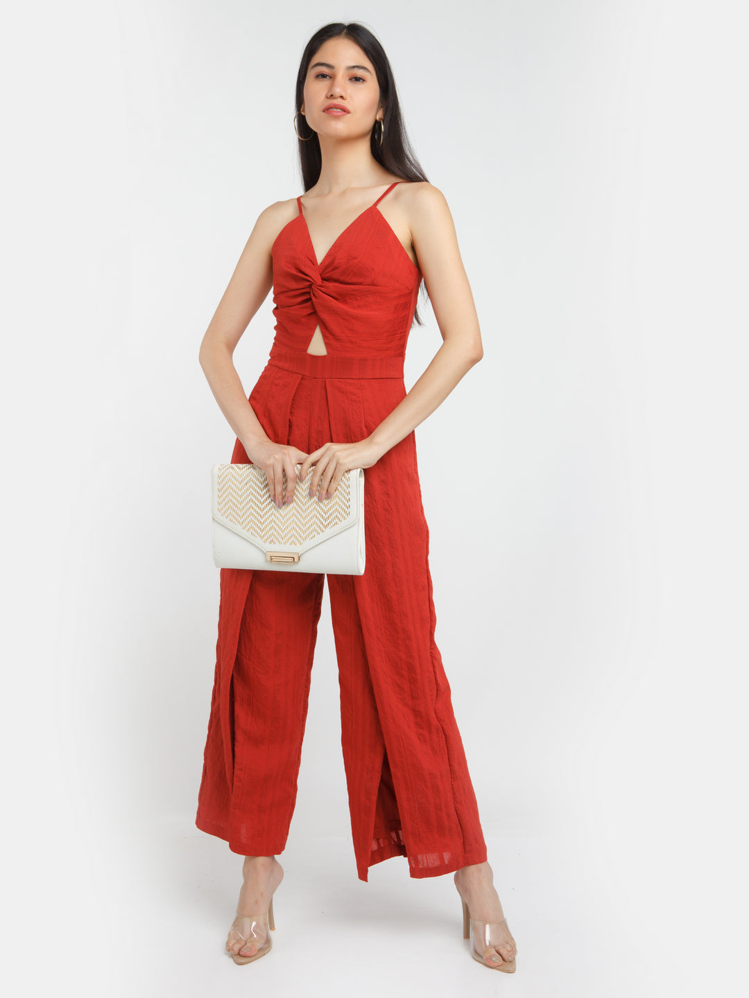 Red Solid Cut Out Jumpsuit