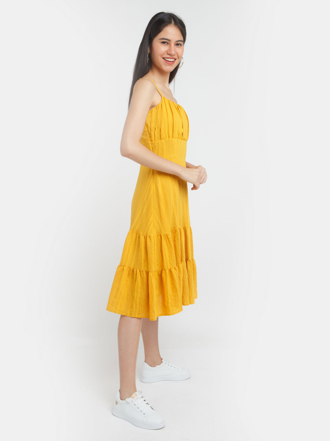 Yellow Solid Elasticated Midi Dress For Women