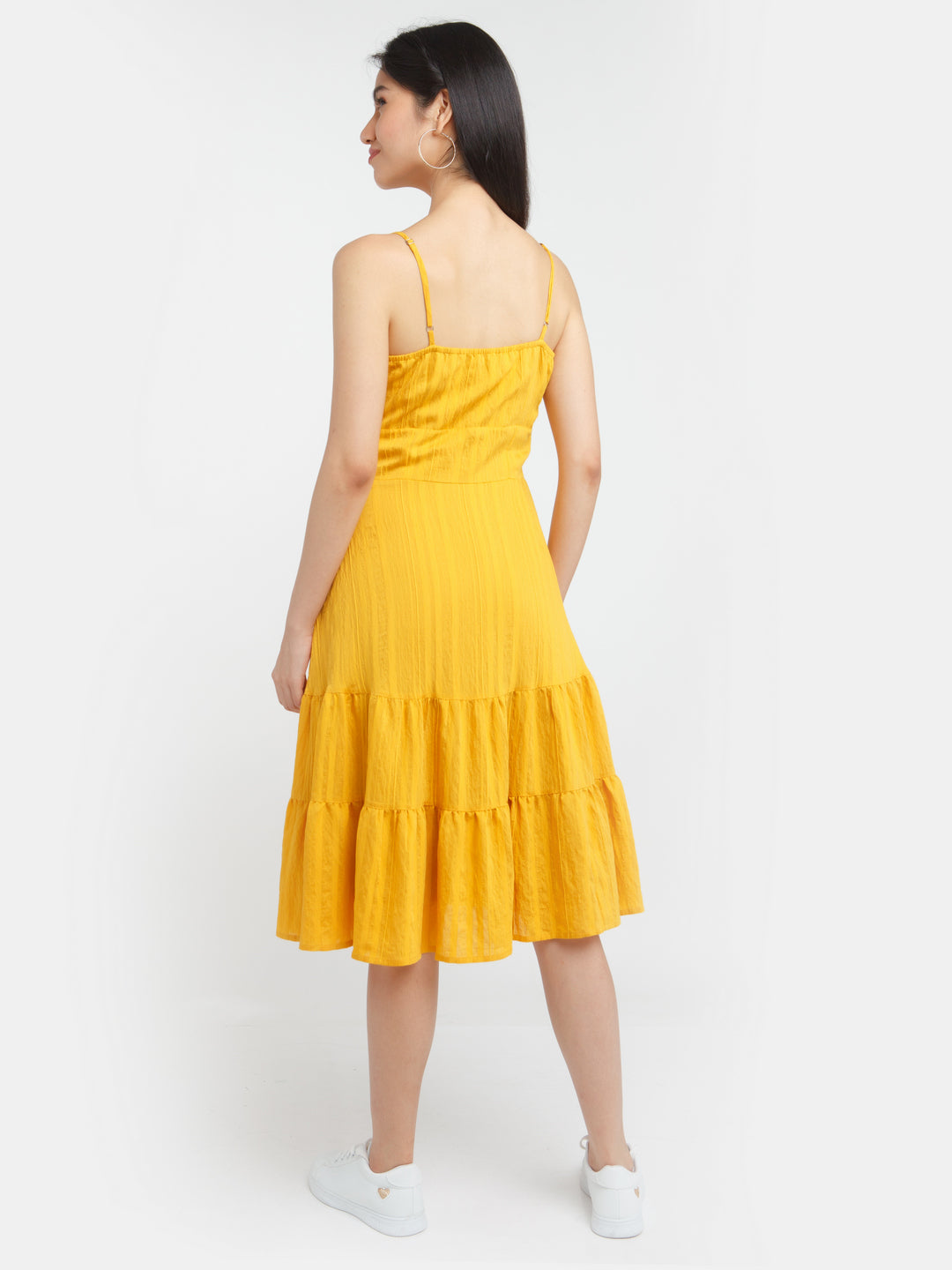 Yellow Solid Elasticated Midi Dress