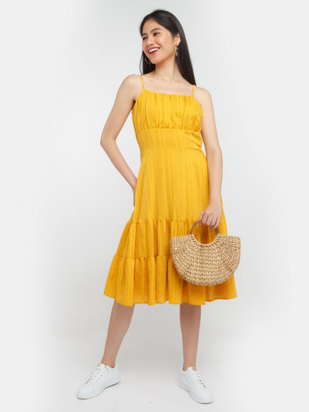 Yellow Solid Elasticated Midi Dress