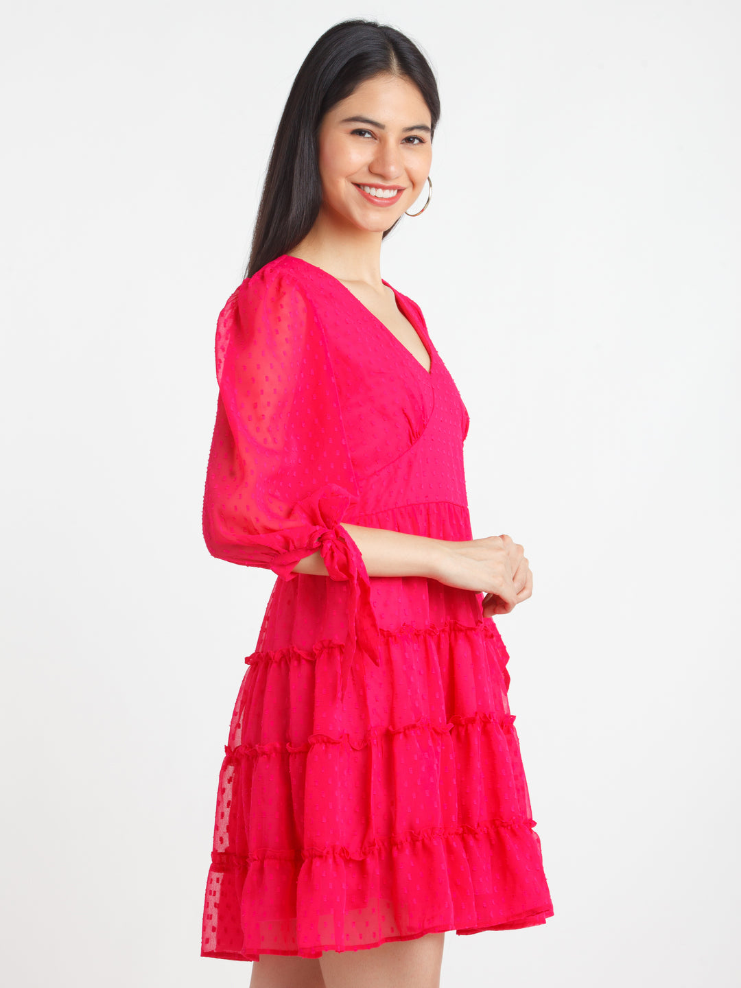 Pink Self Design Tiered Short Dress For Women