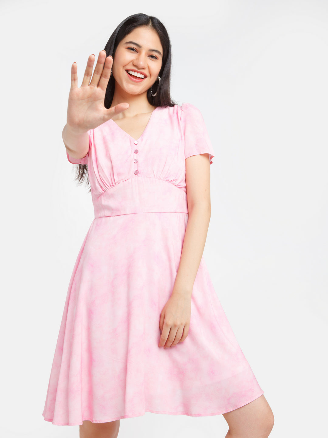 Pink Self Design Puff Sleeve Short Dress