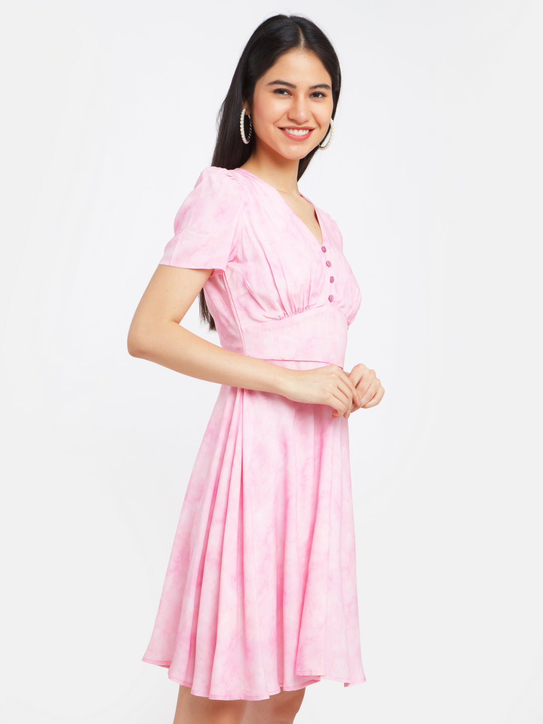 Pink Self Design Puff Sleeve Short Dress