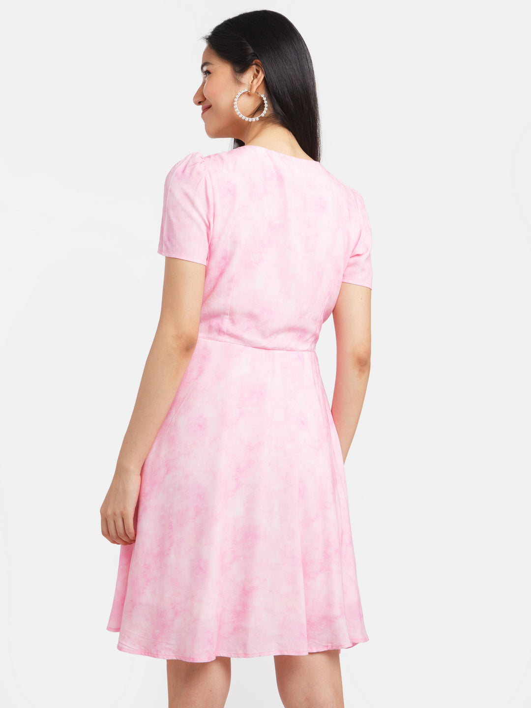 Pink Self Design Puff Sleeve Short Dress