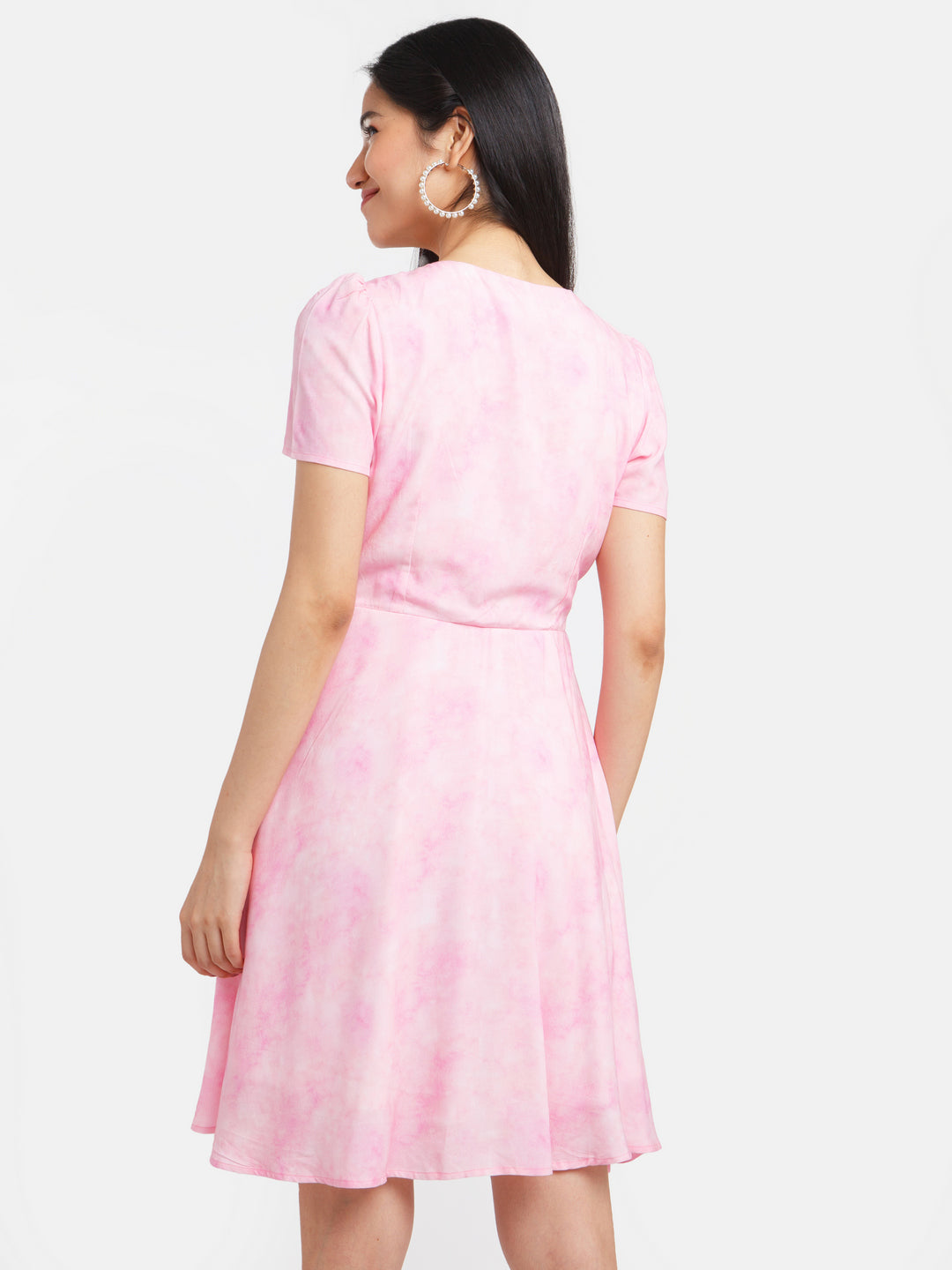 Pink Self Design Puff Sleeve Short Dress For Women
