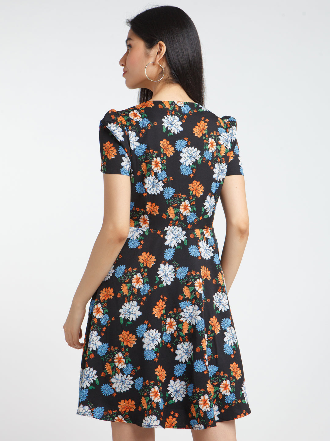 Black Printed Puff Sleeve Short Dress