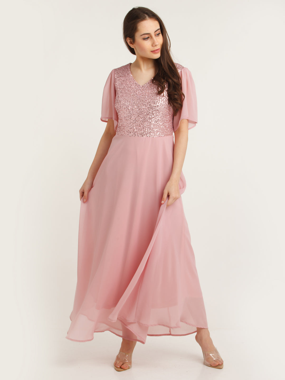 Pink Embellished Flared Sleeve Maxi Dress