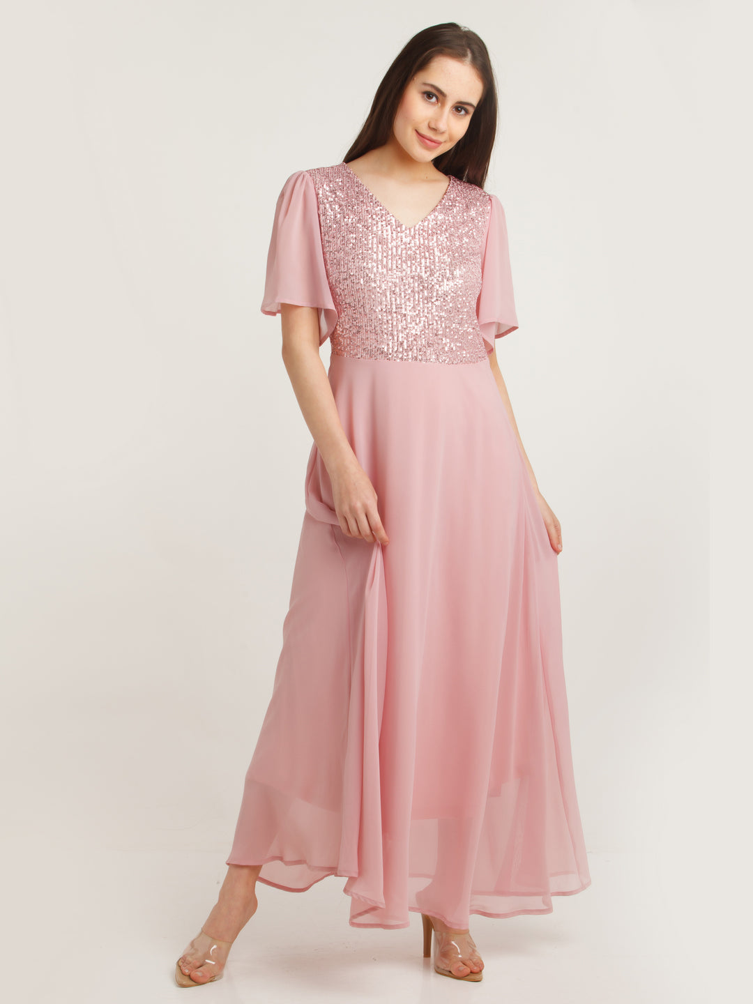 Pink Embellished Flared Sleeve Maxi Dress