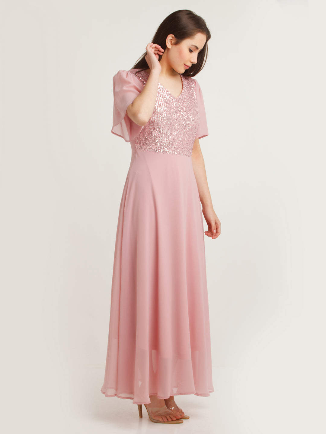 Pink Embellished Flared Sleeve Maxi Dress