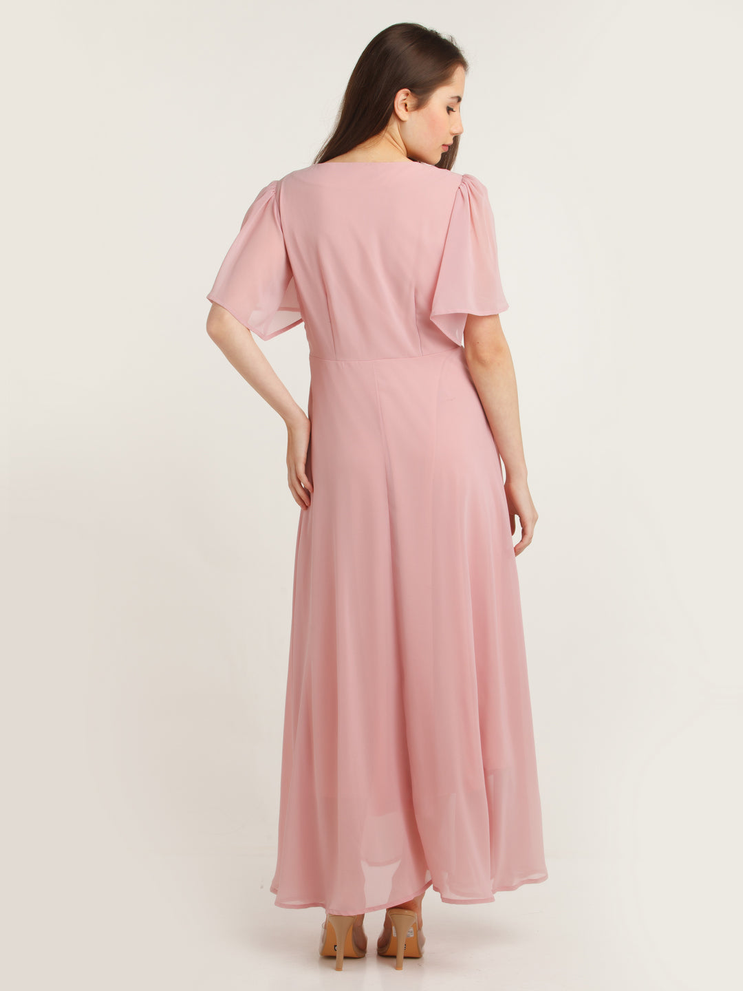 Pink Embellished Flared Sleeve Maxi Dress