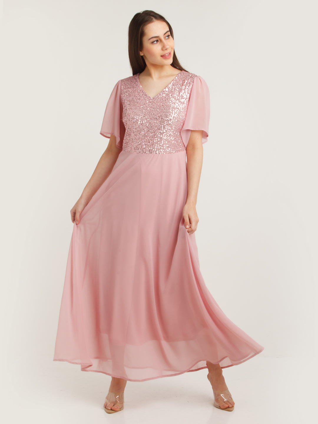 Pink Embellished Flared Sleeve Maxi Dress