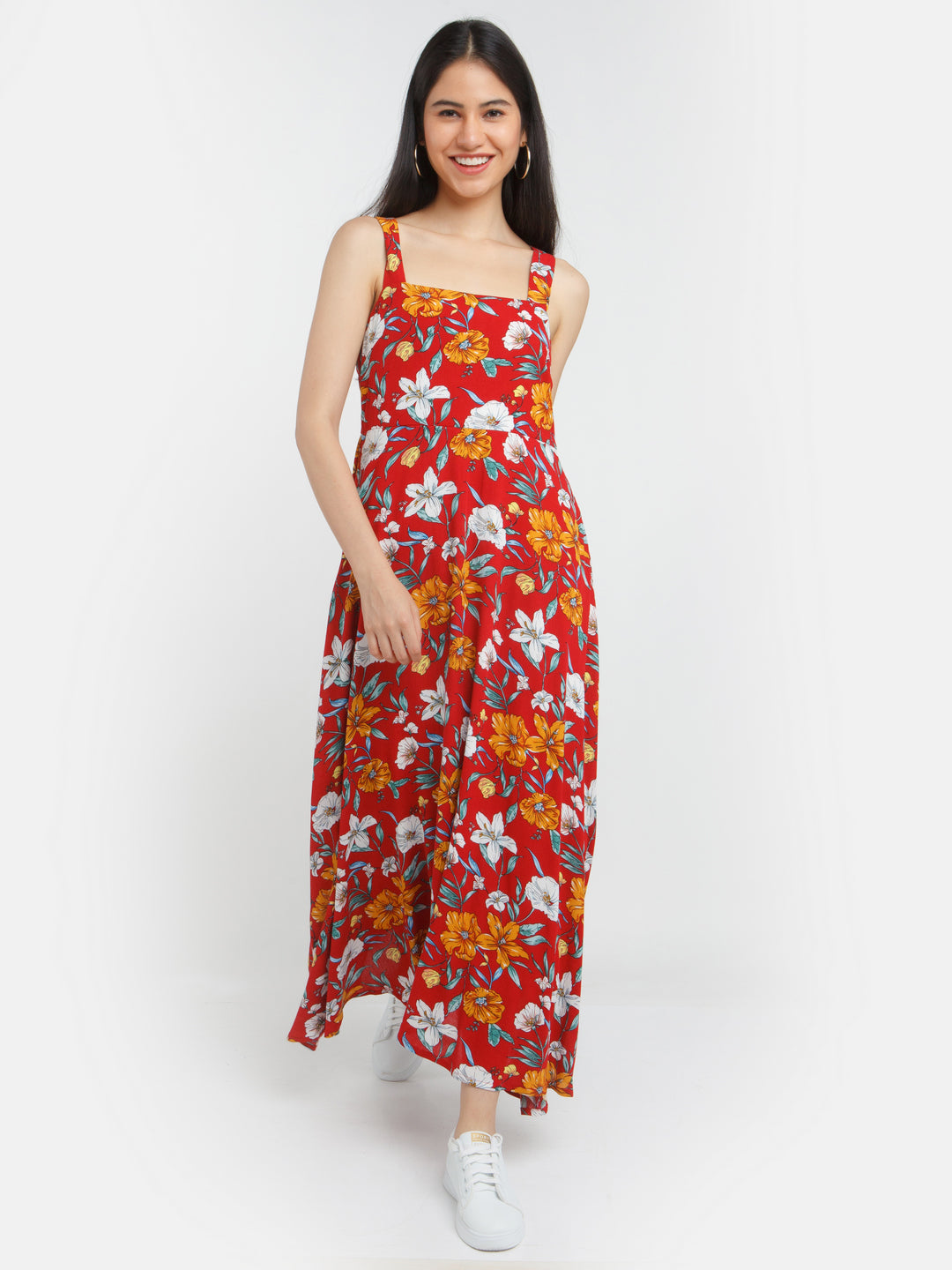 Red Printed Strappy Maxi Dress For Women