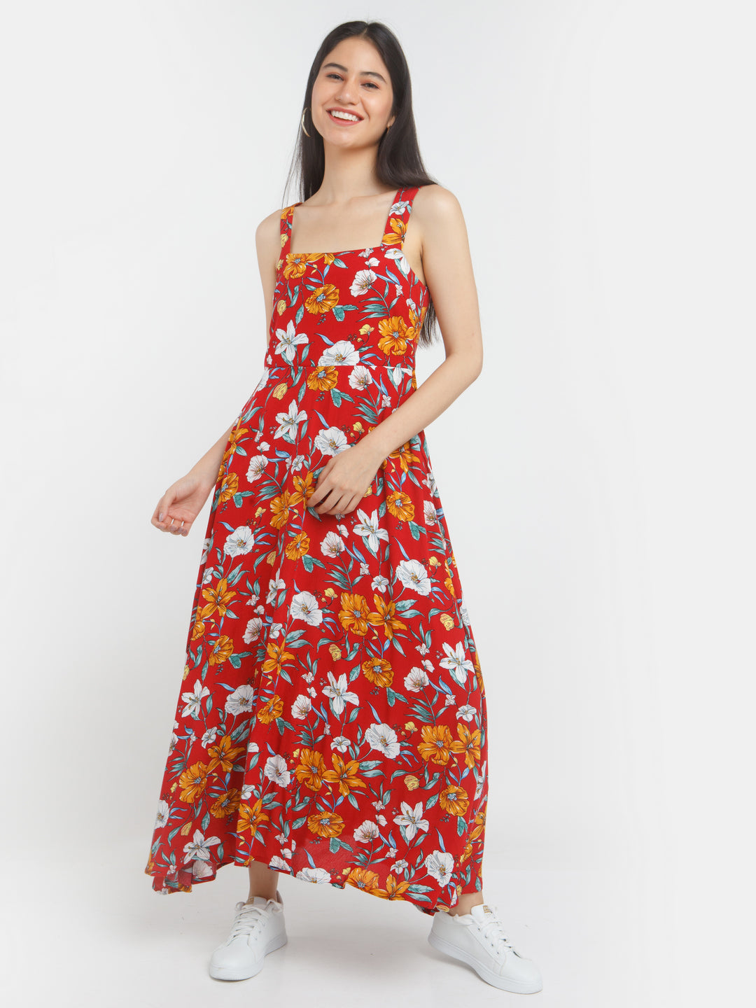 Red Printed Strappy Maxi Dress