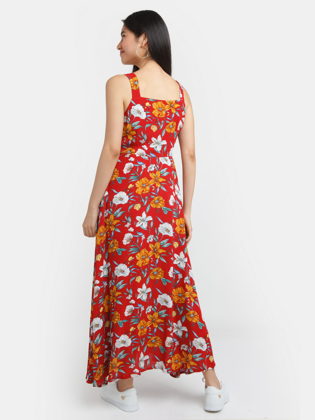 Red Printed Strappy Maxi Dress For Women