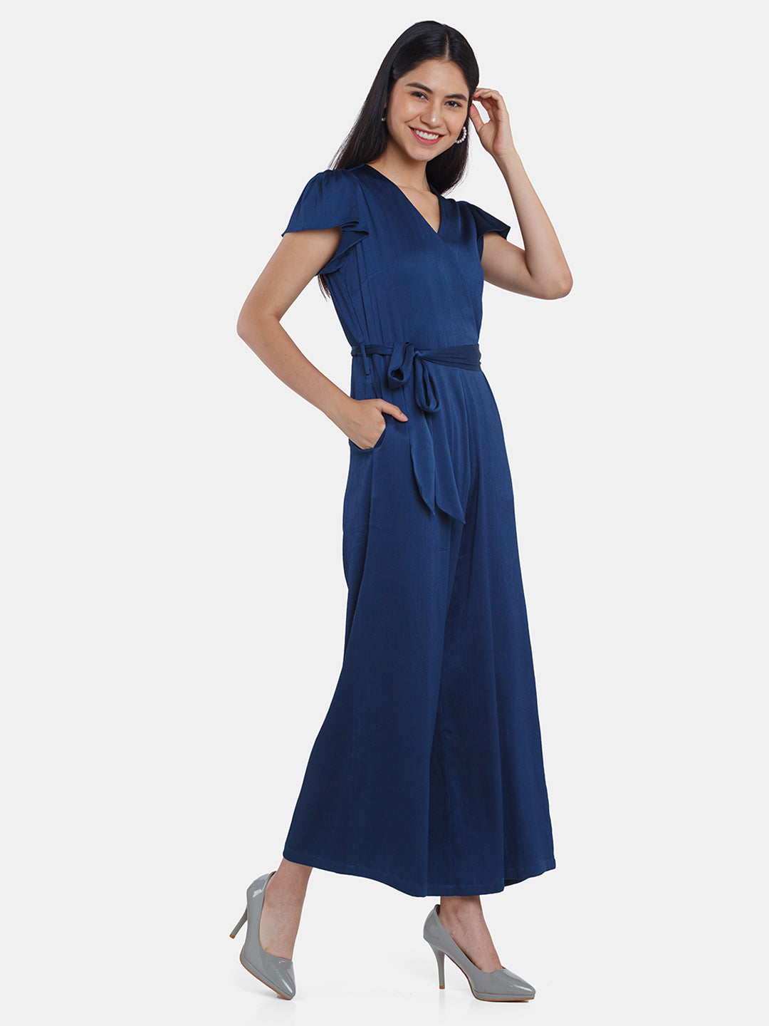 Navy Blue Solid Flared Sleeve Jumpsuit