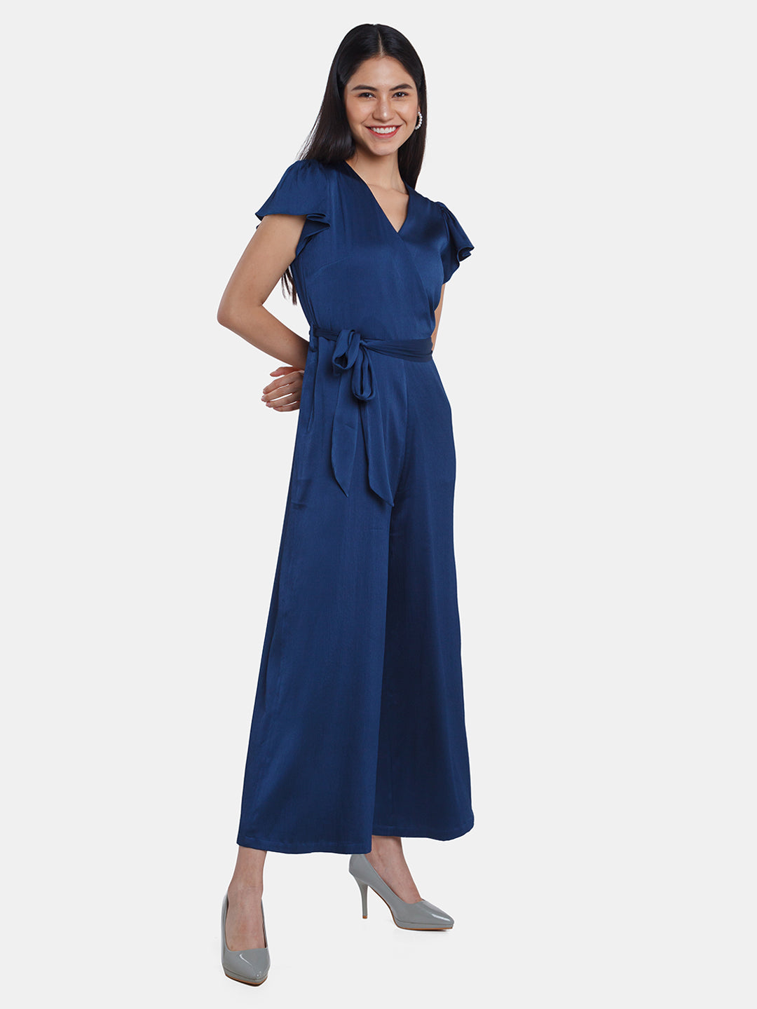 Navy Blue Solid Flared Sleeve Jumpsuit