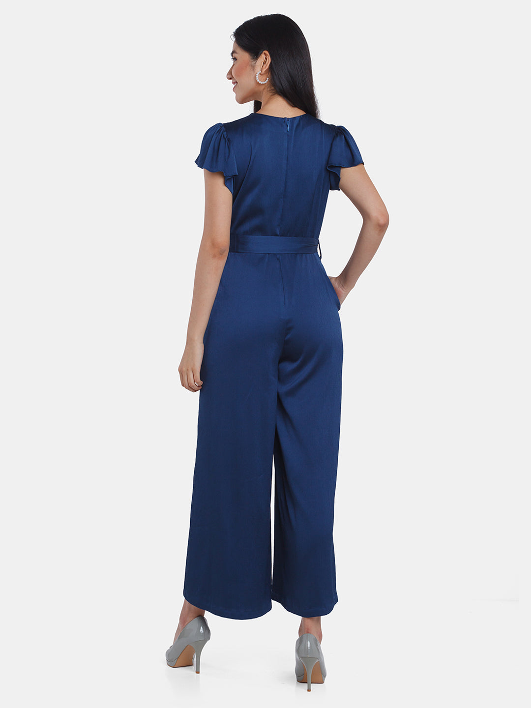 Navy Blue Solid Flared Sleeve Jumpsuit