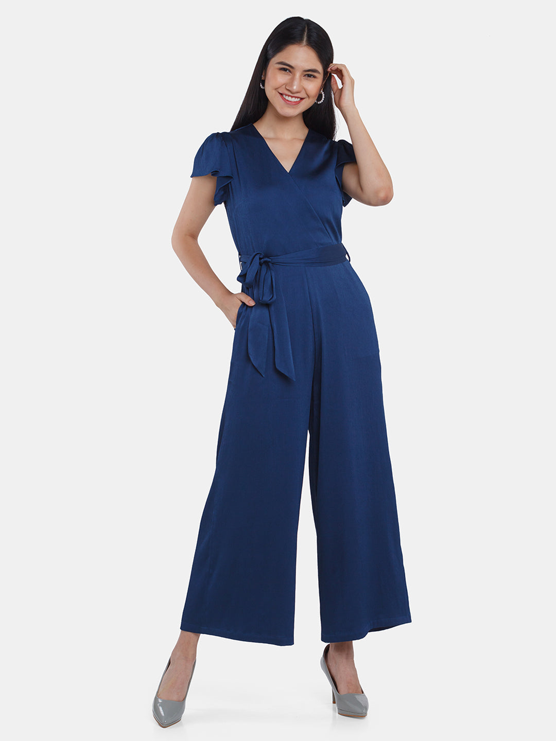 Navy Blue Solid Flared Sleeve Jumpsuit