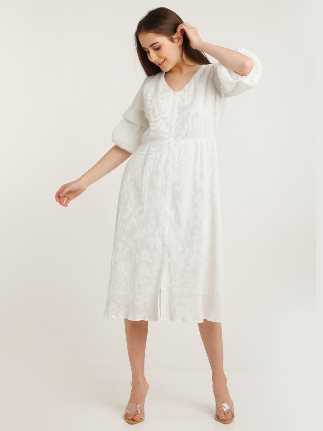 White Solid Puff Sleeve Midi Dress