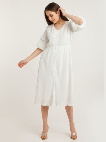 White Solid Puff Sleeve Midi Dress For Women
