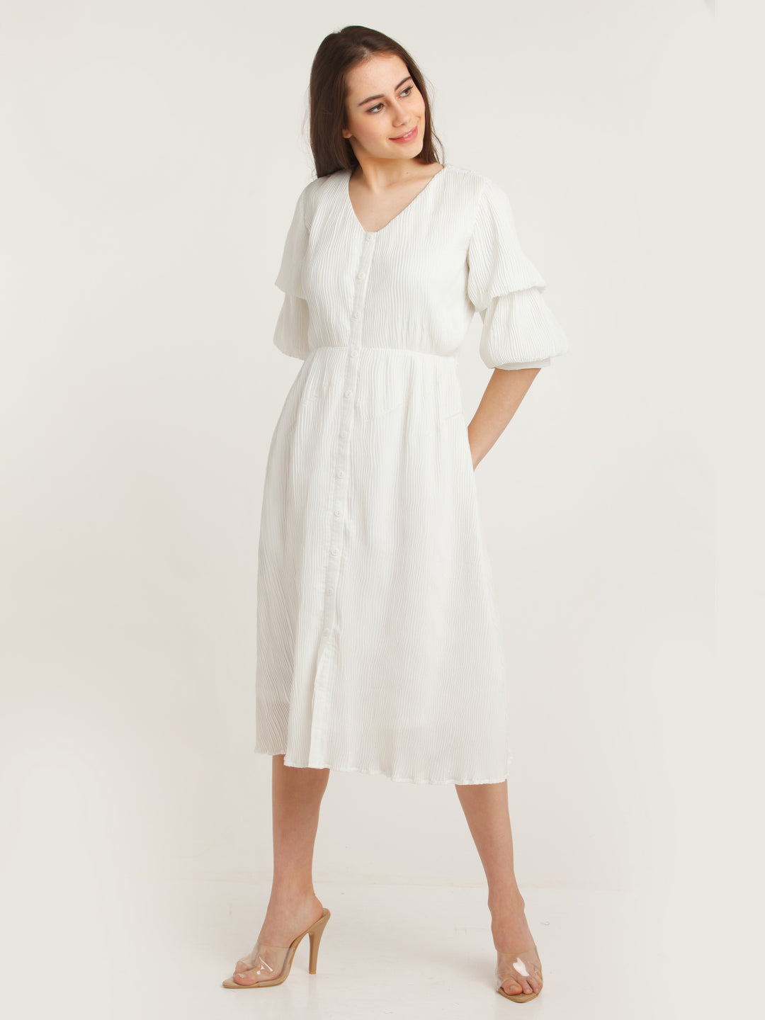 White Solid Puff Sleeve Midi Dress