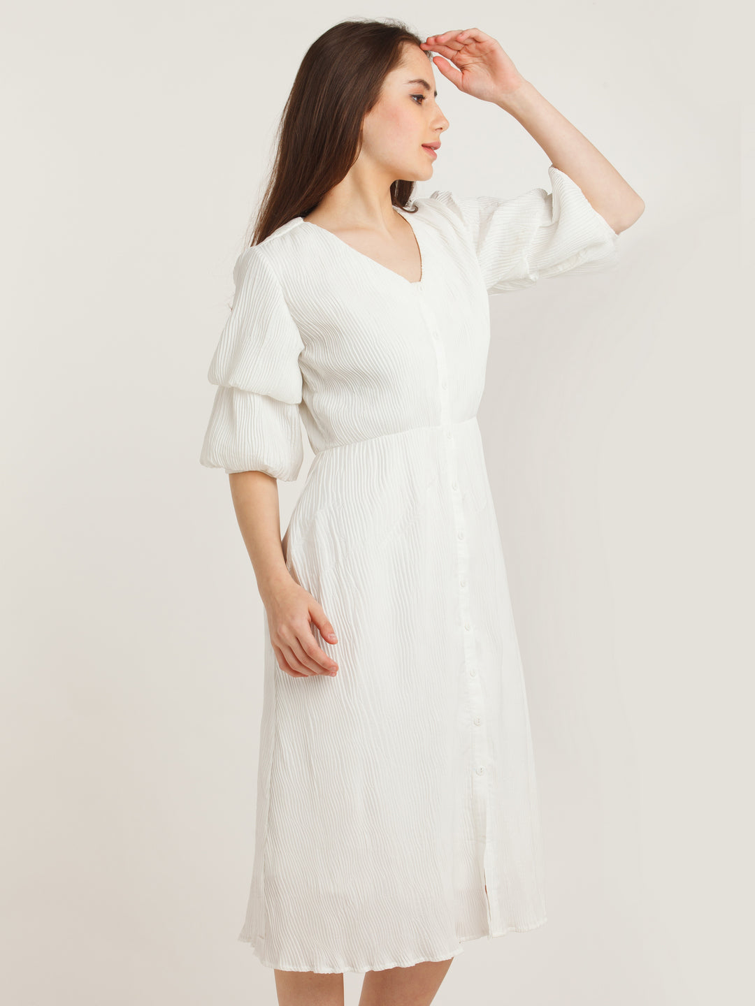 White Solid Puff Sleeve Midi Dress